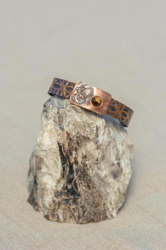 Bi-metal fused copper cuff with tiger eye window setting